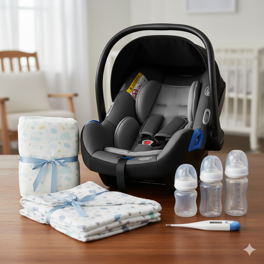 Newborn essentials: car seat, diapers, swaddle, bottles and thermometer laid out on a table