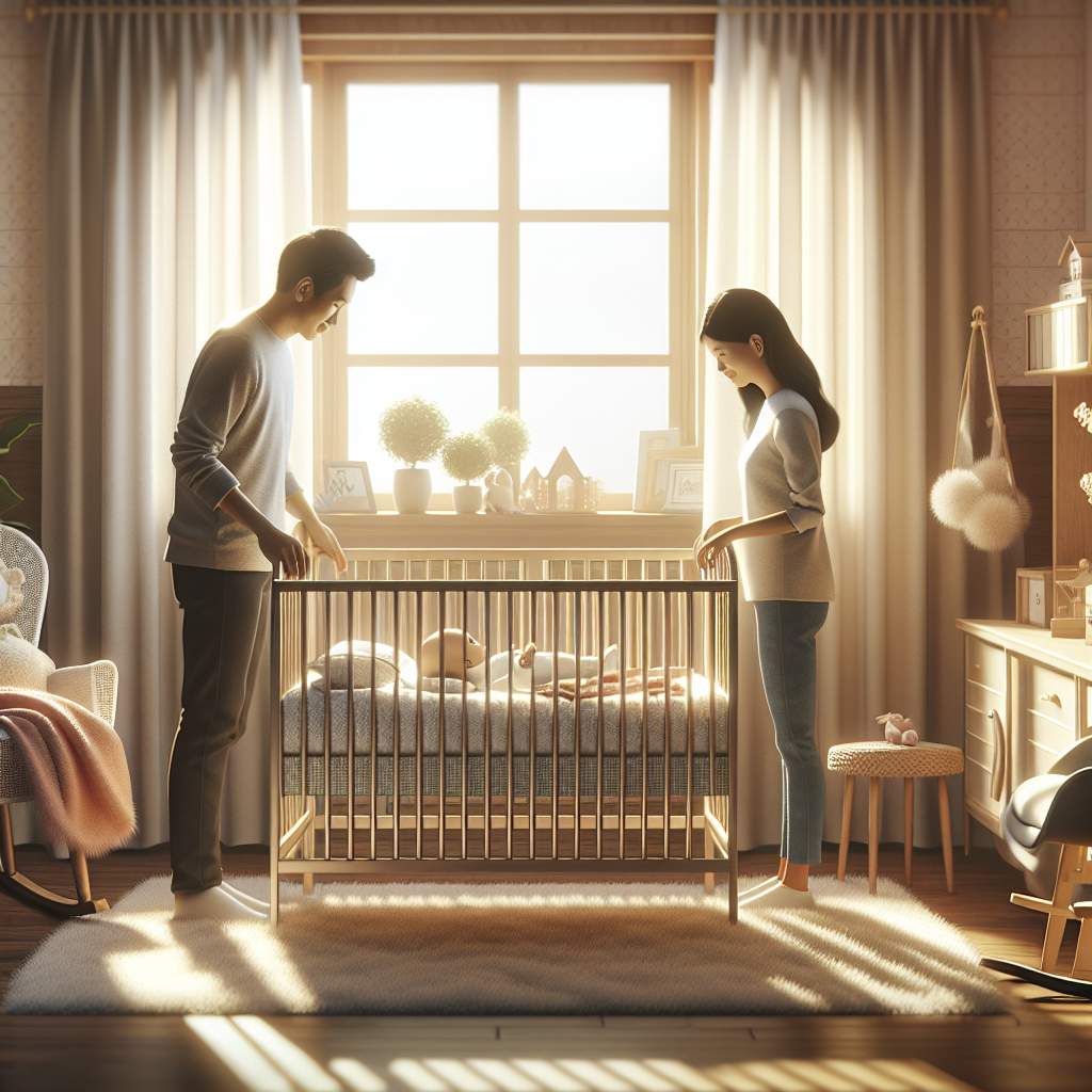A warm, inviting, high-quality, photorealistic image of a cozy nursery room featuring a safe, modern crib. The crib is the focal point of the room, showcasing important safety features like sturdy slats, a firm mattress, and no loose bedding or toys. The room is softly lit with natural light streaming through a window, creating a serene and welcoming atmosphere. The nursery is decorated with soft pastel colors, a plush rug, and a comfortable rocking chair. A young couple is gently inspecting the crib, looking reassured and happy, symbolizing new parents making informed choices. The image should evoke feelings of safety, care, and love, suitable for a blog post about choosing a safe crib for a baby.