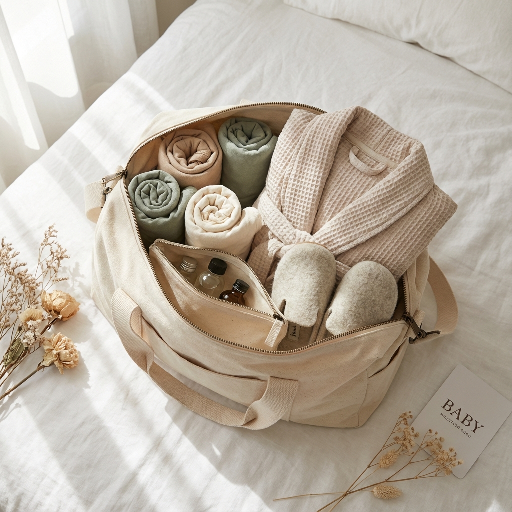Hospital Bag Flatlay with baby clothes and toiletries