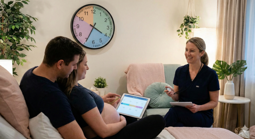 how long does each stage of labor last: A photorealistic and cinematic image depicting a serene and 