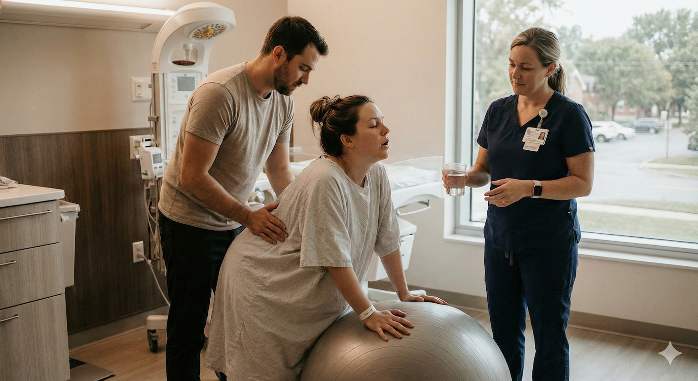 natural pain relief methods during labor: A photorealistic and cinematic image capturing a serene an