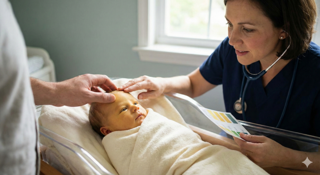 how to identify jaundice in newborns: A photorealistic and cinematic image capturing a tender moment