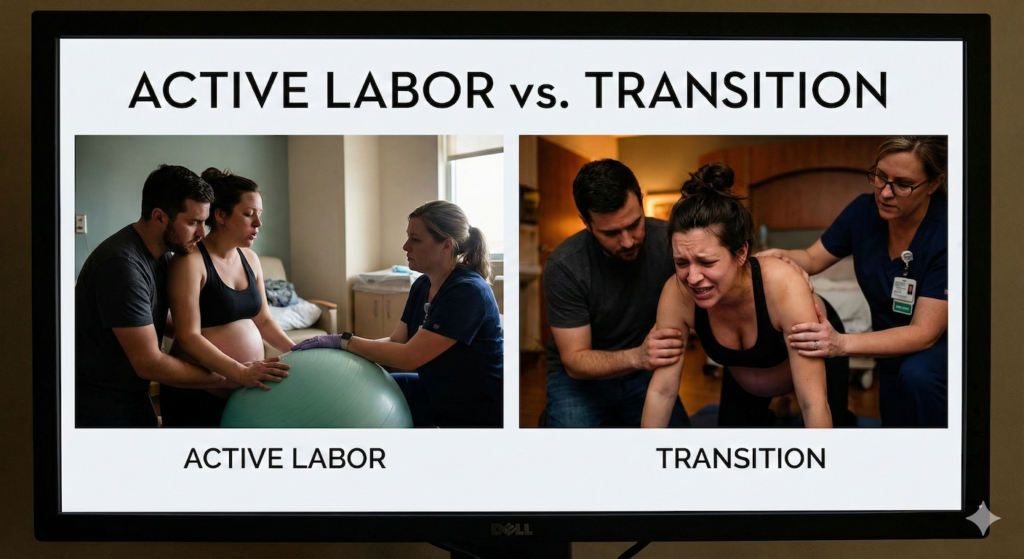 differences between active labor and transition: A photorealistic and cinematic image capturing the 