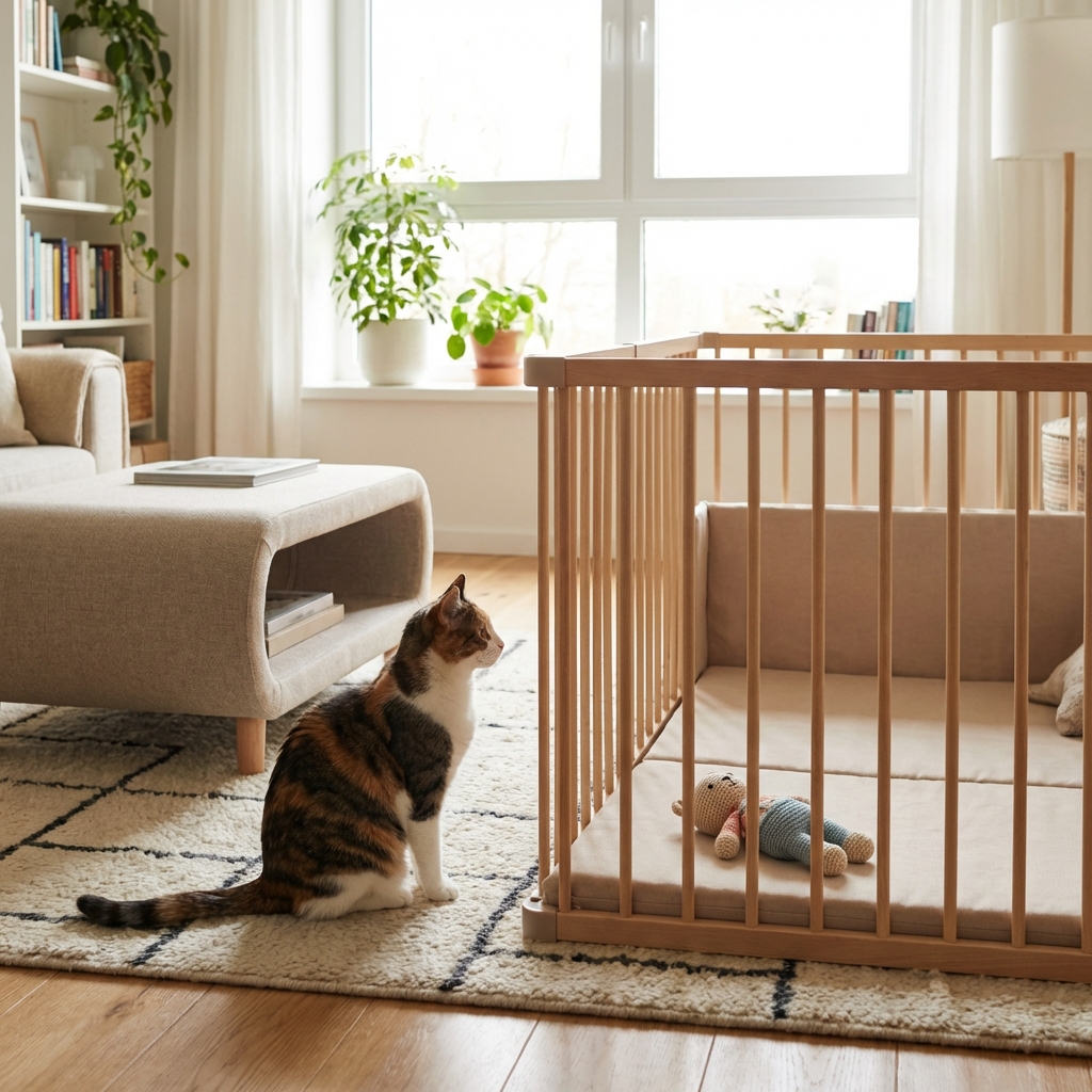 baby proofing home with cats: Capture a heartwarming, photorealistic scene in a modern living room s