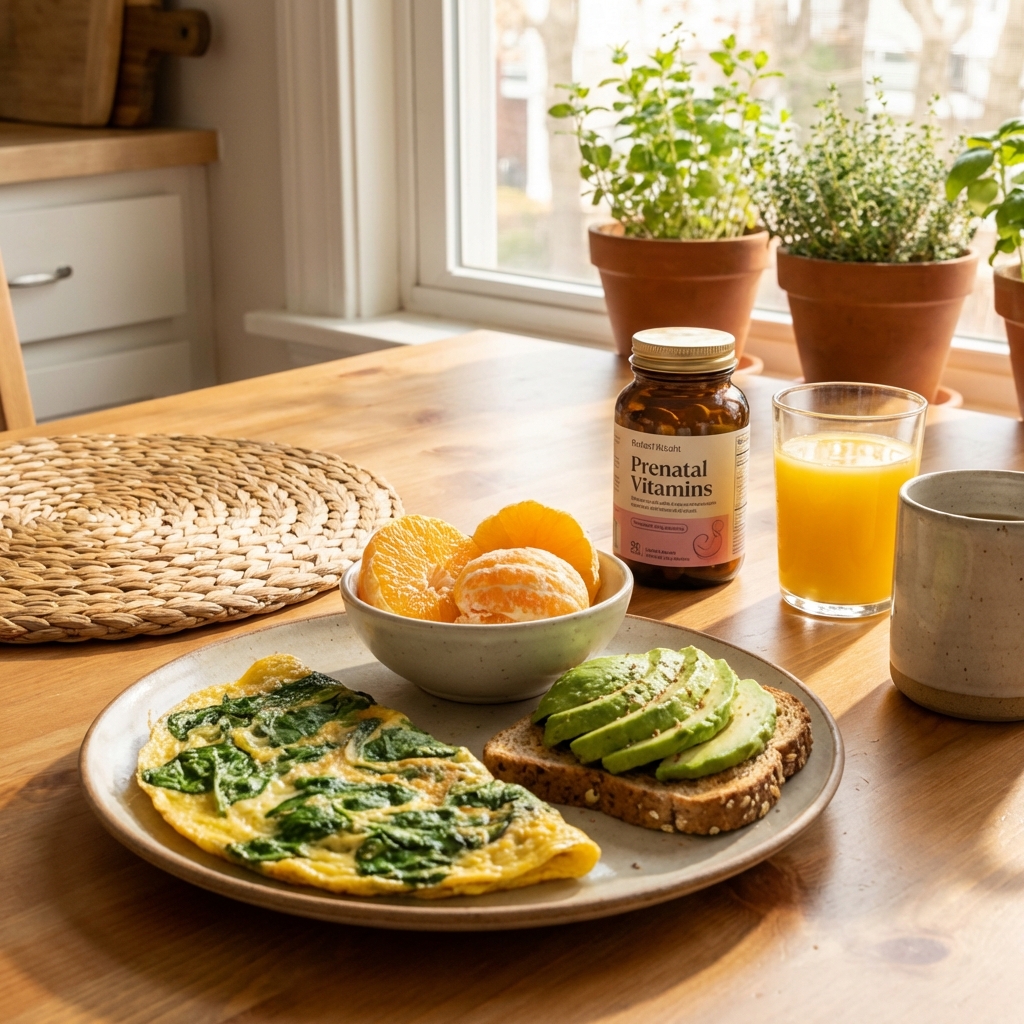엽산이 풍부한 음식과 임산부용 비타민: 건강한 임신을 위한 필수 영양소인 임산부용 비타민, 오렌지, 아보카도 토스트, 잎채소 등이 햇살이 비치는 아침 식탁에 놓여 있는 모습.