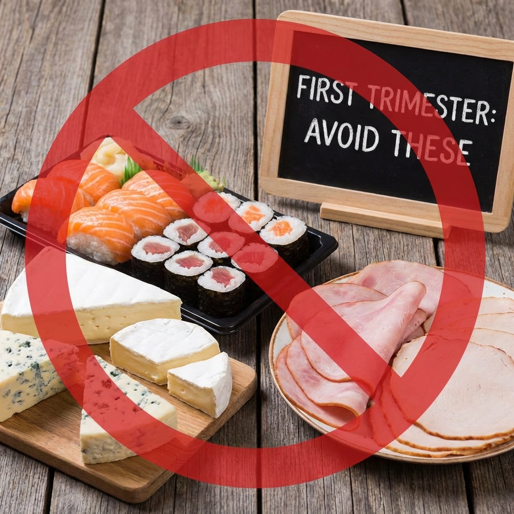foods to avoid during first trimester of pregnancy: A photorealistic and cinematic image capturing a