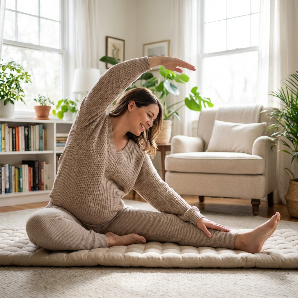 허리 통증 완화를 위한 최고의 임신부 운동법: 따뜻하고 매력적인 사진과 같은 장면을 묘사합니다.