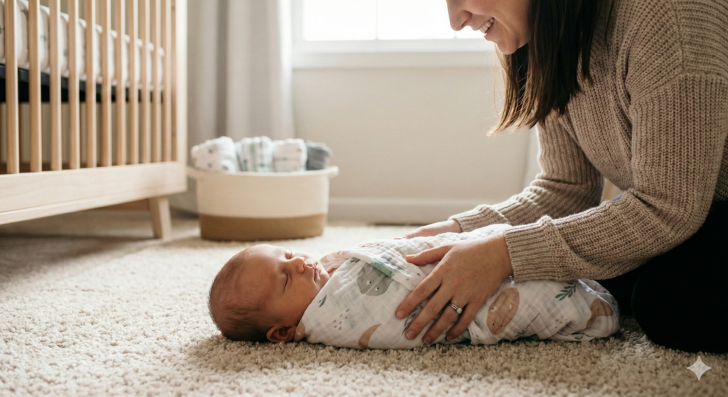 how to properly swaddle a newborn: A high-end, photorealistic image of a new parent swaddling a newborn