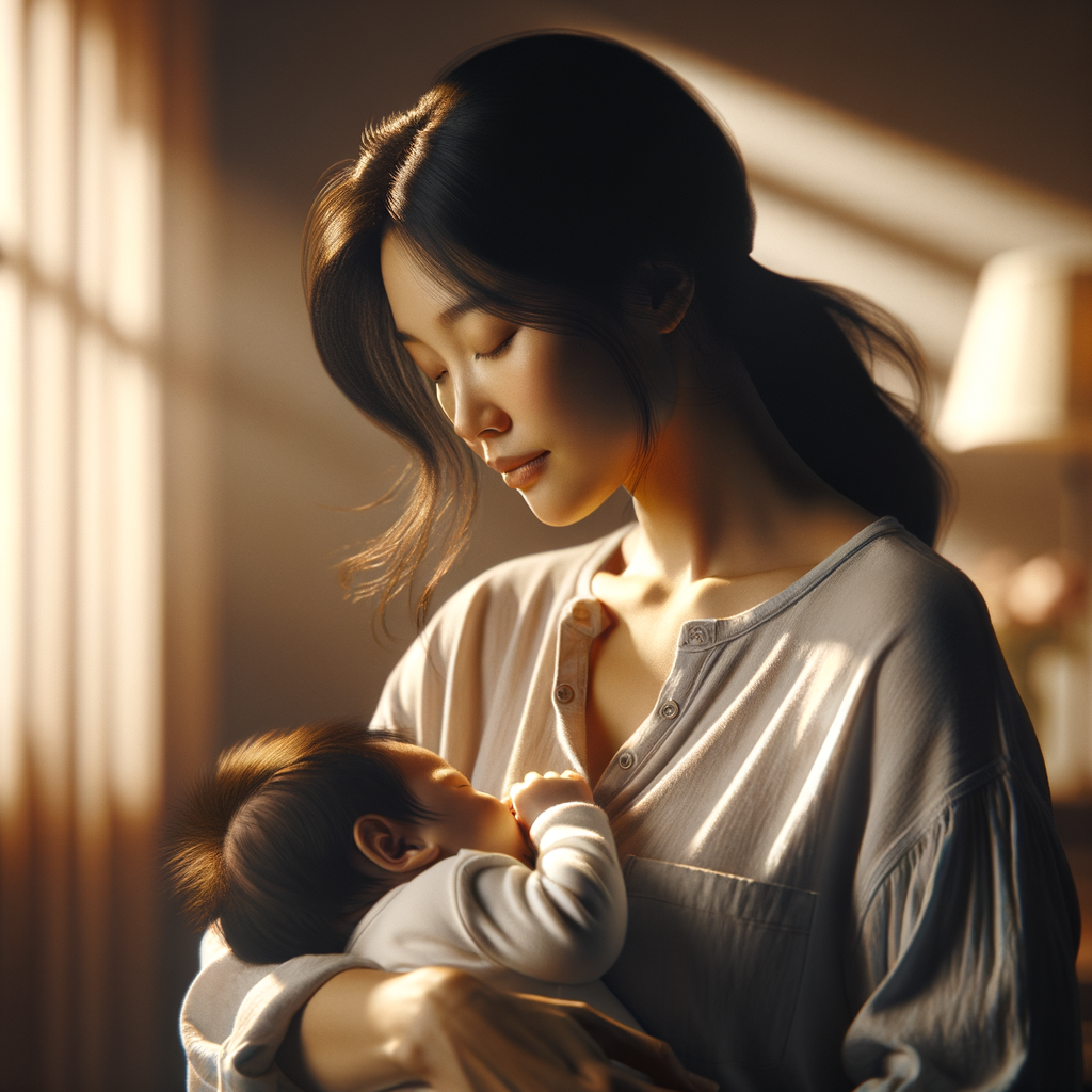 A young mother gazes down tenderly at her infant while breastfeeding, bathed in warm golden sunlight streaming through a window